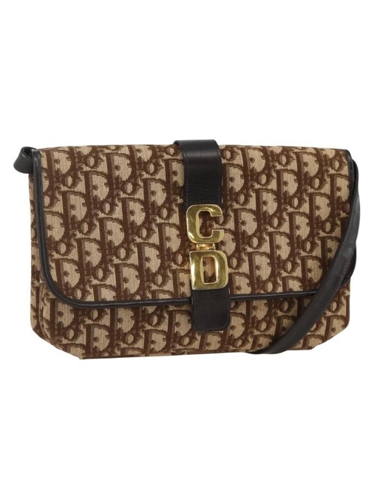 Authentic Christian Dior Trotter Canvas Shoulder Bag Beige Gold